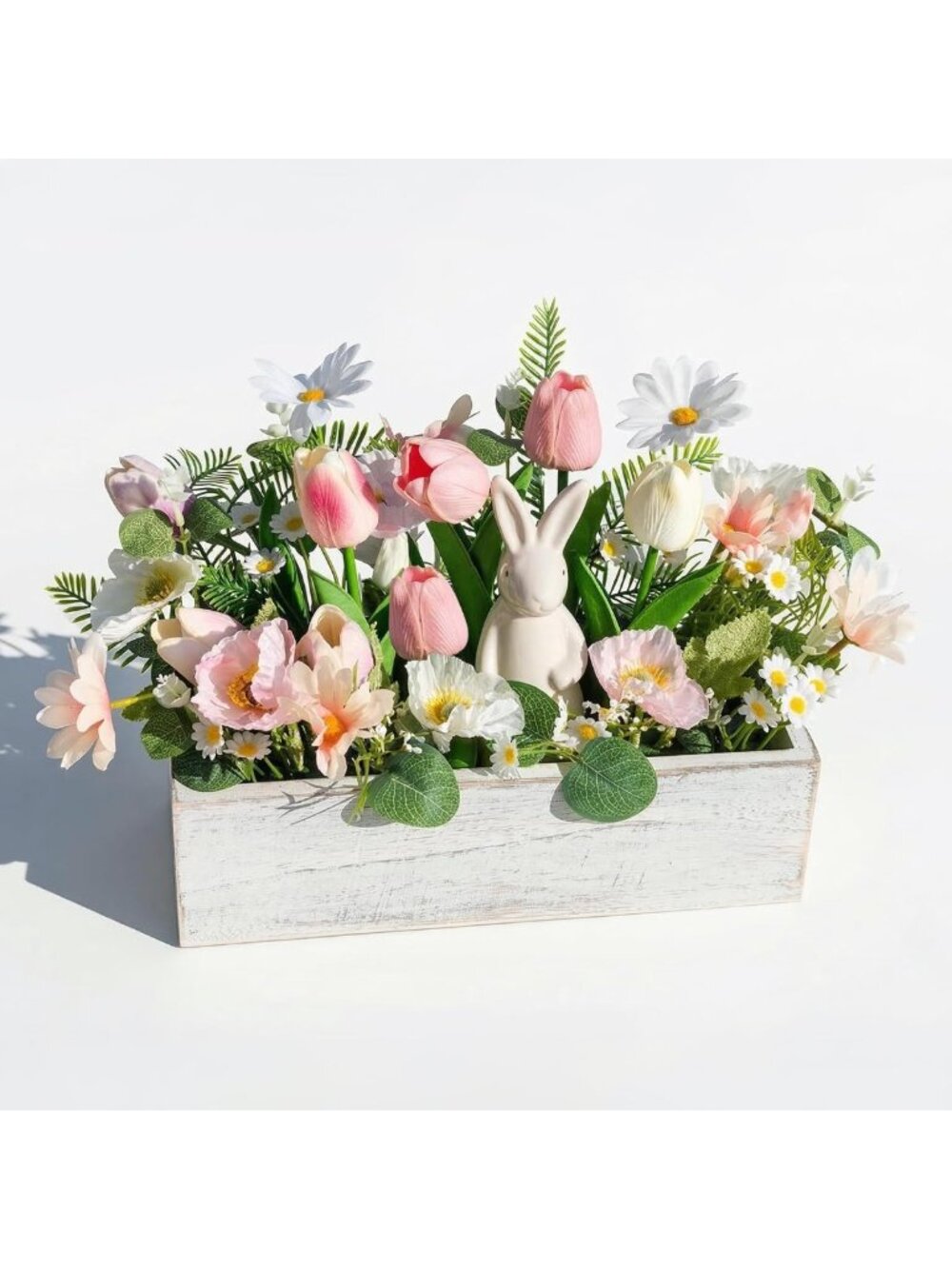 Easter Floral Arrangement: White Rabbit Figurine & Rustic Wooden Vase, Spring